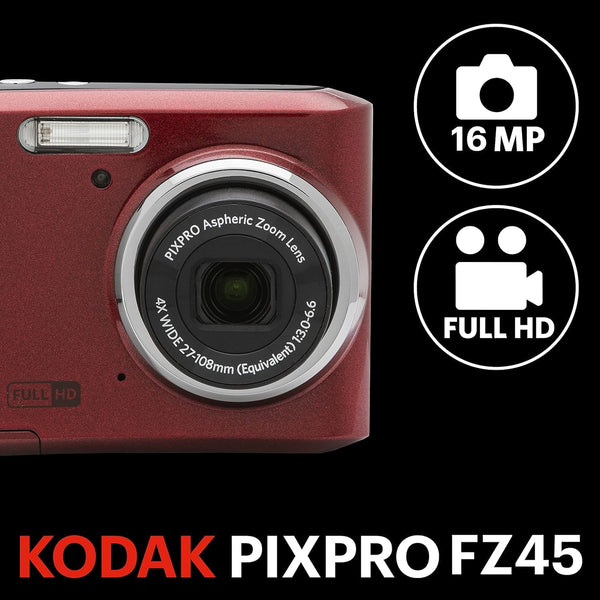 Kodak PIXPRO FZ45 Compact Digital Camera – 16MP, 4x Optical Zoom, 1080p Full HD Video, 27mm Wide Angle (Red)