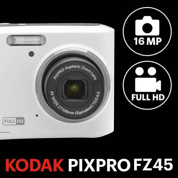 Kodak PIXPRO FZ45 Compact Digital Camera – 16MP, 4x Optical Zoom, 1080p Full HD Video, 27mm Wide Angle (White)