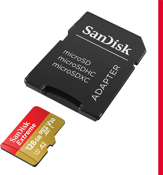 SanDisk Extreme 128GB microSDXC Memory Card with SD Adapter – Up to 190MB/s, A2 App Performance, UHS-I, U3, V30 4K UHD Video (SDSQXAA-128G-GN6MA)
