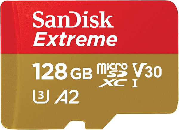 SanDisk Extreme 128GB microSDXC Memory Card with SD Adapter – Up to 190MB/s, A2 App Performance, UHS-I, U3, V30 4K UHD Video (SDSQXAA-128G-GN6MA)