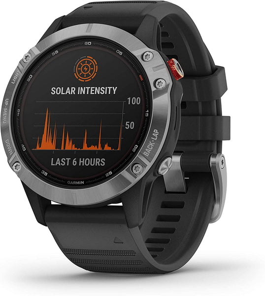 Garmin fēnix 6 Solar, Solar-powered Multisport GPS Watch, Advanced Training Features and Data, Silver with Black Band
